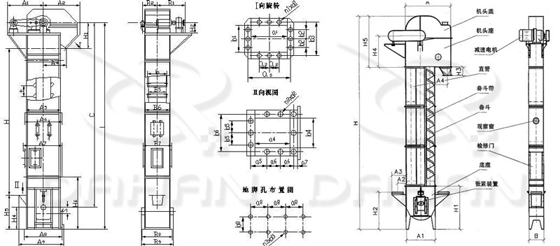 TD/D型斗式提升機基本結構:機頭蓋，機頭座，減速電機，直管，底座，緊張裝置等。