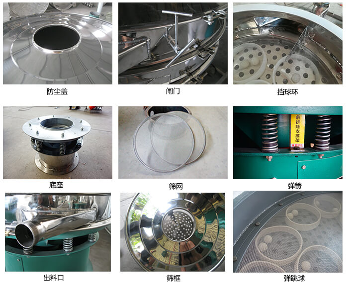 直徑600型振動篩細節：網架，料斗，篩框，擋球環，防塵蓋，閘門，出料口。