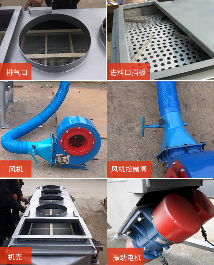  降溫直線振動篩細節：風機閘門，風機電機配件，出風口，進料口，振動電機。